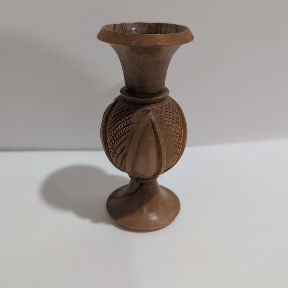 Vintage Boho Beautiful Hand Carved Wood Pedestal Bud Vase Floral 4.75" - Picture 2 of 4